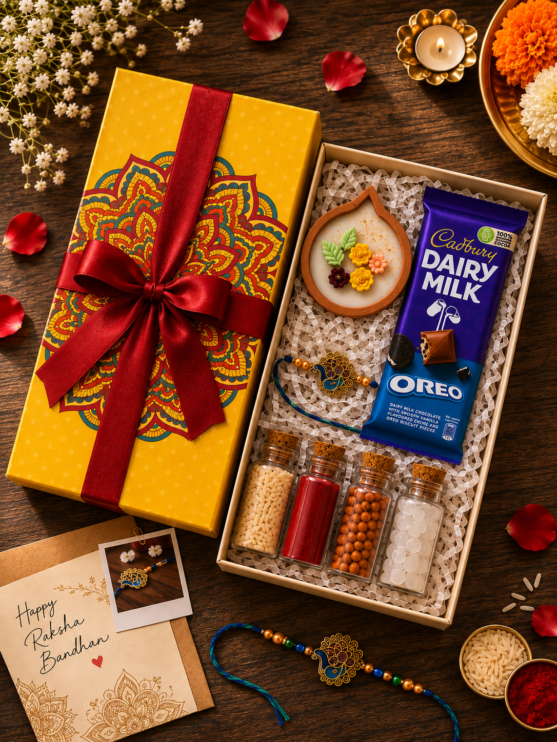PENO Brother Rakhi Hamper with rakhi, chocolate, roli-chandan-chawal-mishri jars, and Raksha Bandhan card